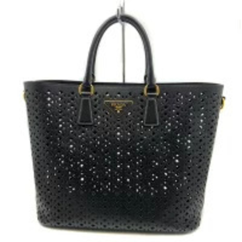 PRADA Saffiano Tote Bag Black Shoulder Perforated Clutch Strap